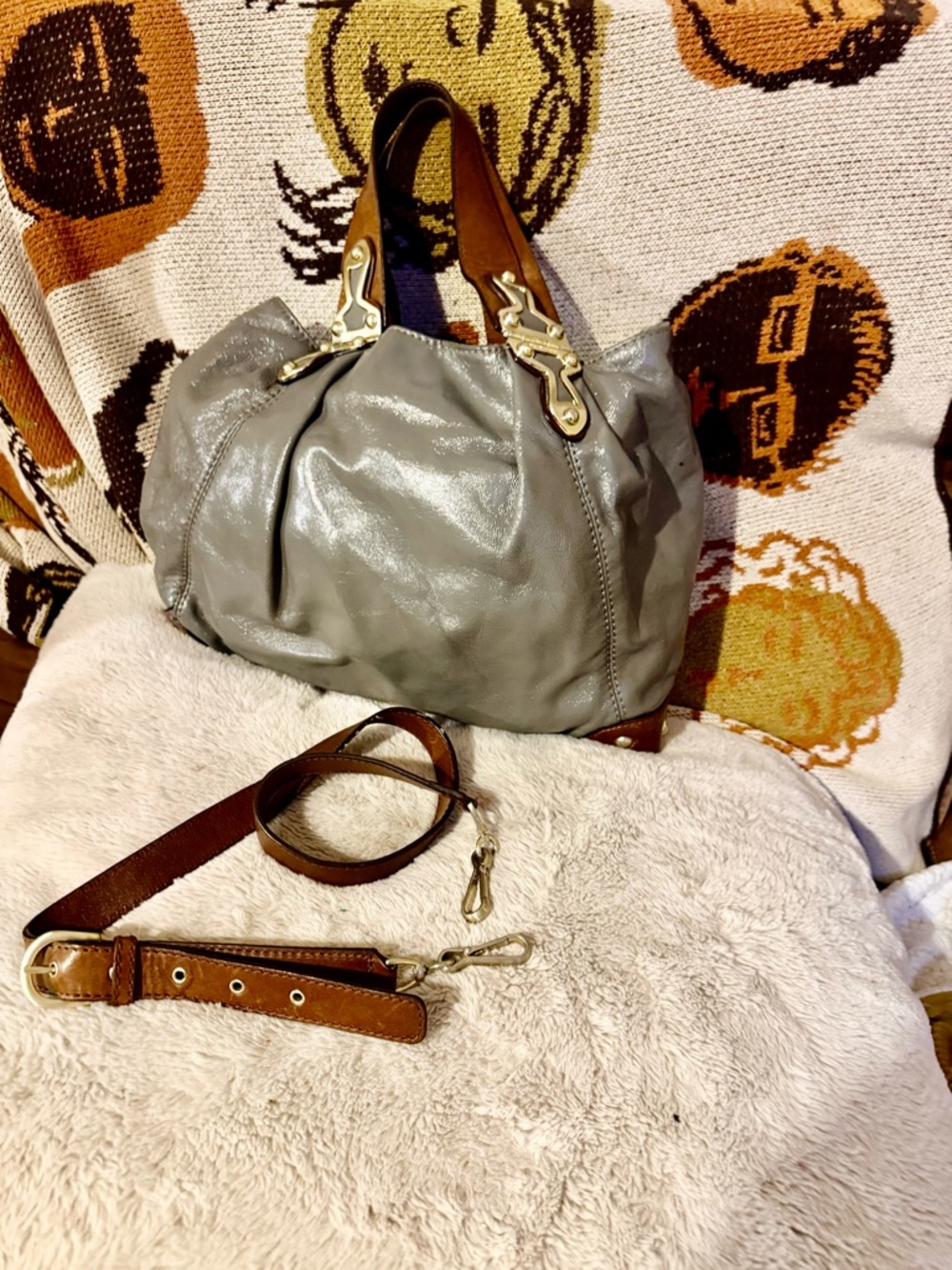 Micheal Kors Gray Leather Shoulder Bag with Brown Straps